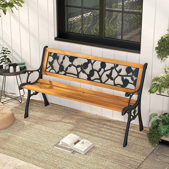 Giantex 49.5" 3-Person Outdoor Bench with Floral Pattern Backrest, Slatted Seat, 470 Lbs Weight Capacity, Curved Armrests, Cast Iron Metal Bench for Park, Outside, Patio, Porch, Yard, Garden
