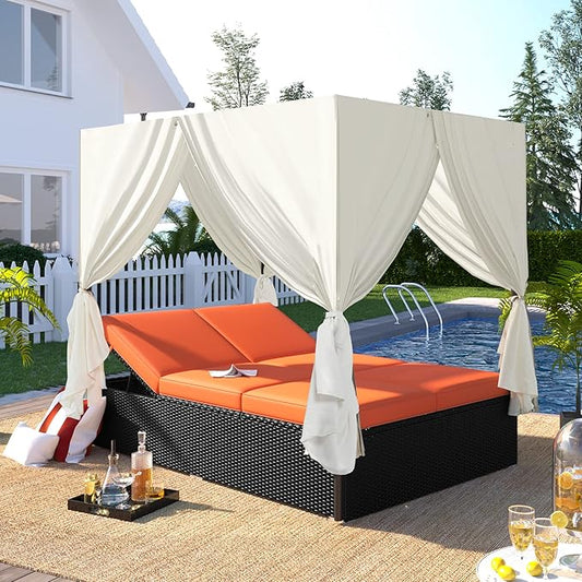 SOFTSEA Outdoor Wicker Daybed Sunbed with Curtains and Adjustable Seats, 2-Person Patio Double Chaise Lounge with Cushions, Patio Lounge Chairs for Poolside Balcony Porch, Orange