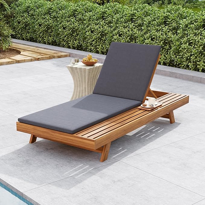 Merax Chaise Lounge Chair Set with Adjustable Backrest & Flat Storage Surface, 2/3 Foldable Acacia Wood Patio Recliner with 1.57" Thick Double-fold Cushion