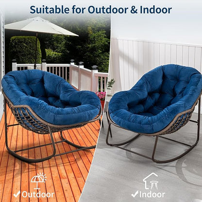 HOMEFUN Outdoor Patio Rocking Chairs Set of 2, Oversized Papasan Rock Chair Indoor with Velvet Padded Cushion - Rocker Egg Seat for Front Porch, Garden, Backyard Navy