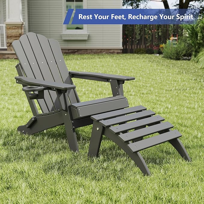 FOOWIN Folding Adirondack Ottoman Set of 4, HDPE All Weather Adirondack Footrests, Ottoman for Adirondack Chair,Patio Footstool for Outside Easy Storage,for Patio, Backyard, Porch, Garden, Grey