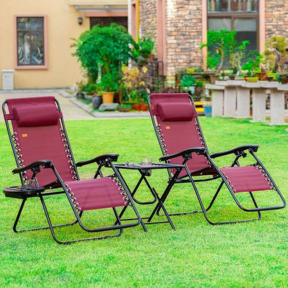 Outsunny Zero Gravity Chair Set with Side Table, Folding Reclining Chair with Cupholders & Pillows, Adjustable Lounge Chairs for Pool, Backyard, Lawn, Beach, Wine Red