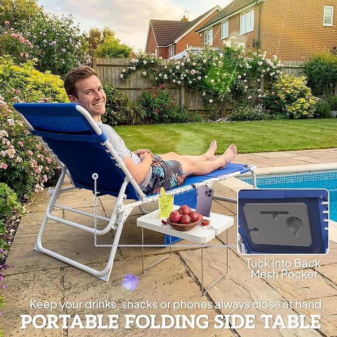 Outsunny Tanning Chair Set of 2 with Face Hole, Side Table, 5-Position Reclining Folding Chaise Lounge Chair Outdoor Lounger Recliner, Carry Straps for Beach Pool Camp, Breathable Mesh, Navy Blue
