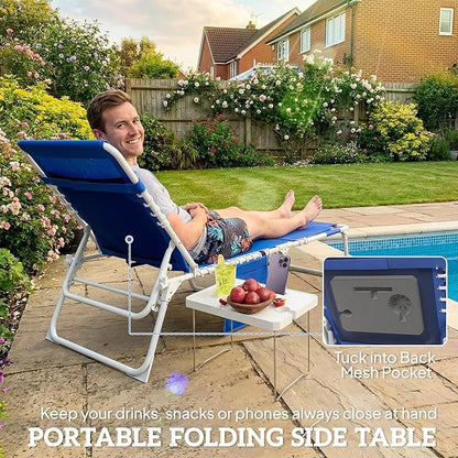 Outsunny Tanning Chair with Face Hole, Side Table, 5-Position Reclining Folding Chaise Lounge Chair Outdoor Lounger Recliner, Carry Straps for Beach Pool Camp, Breathable Mesh, Navy Blue