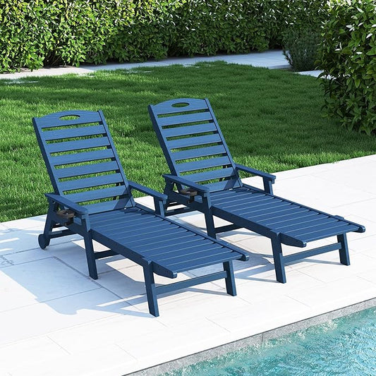 Domi Outdoor Lounge Chairs Set of 2, HDPE Pool Chaise Lounge Chairs for Poolside, Pool Loungers for Outside, Patio, Sunbathing Tanning, Blue