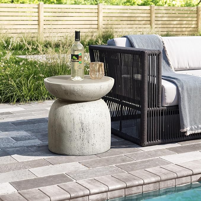 LuxenHome Rustic Outdoor Side Table, 16'' Concrete Small End Tables, Off White and Gray Weathered Accent Table for Patio - Photo 4