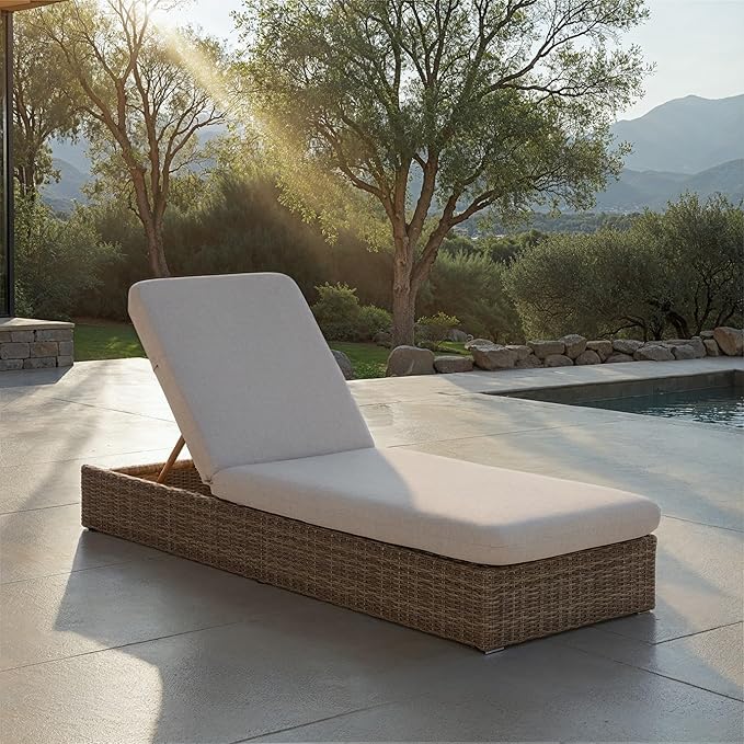 SAFAVIEH Outdoor Patio Furniture Collection – Emma Natural & Taupe Cushion Lounger, Adjustable Rattan Outdoor Reclining Chaise (PAT7562A)