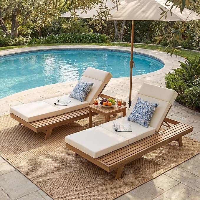 espidoo Adjustable Outdoor Chaise Lounge: 4-Position Recline with 5.75" Headrest - 800lb Capacity Acacia Wood Frame & 4-Inch Water-Resistant Cushion for Poolside Patio - Beige/Light Brown