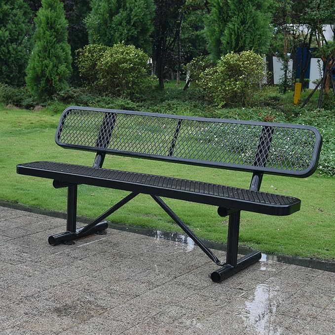 6 Ft Metal Park Bench for Outside, All-Weather Thermoplastic Coating Outdoor Bench with Backrest, Commercial Heavy Duty Benches for Shopping Malls, Stores, Parks, Patios, Decks, Black