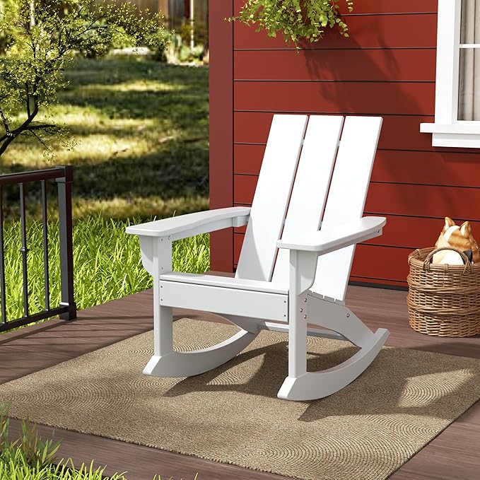Costaelm Outdoor Adirondack Chair, All Weather Resistant Lawn Chairs Balcony Chair and Fire Pit Chairs, Patio Chair Outdoor Porch Rocking Chair High Back HDPE Poly Lumber, White