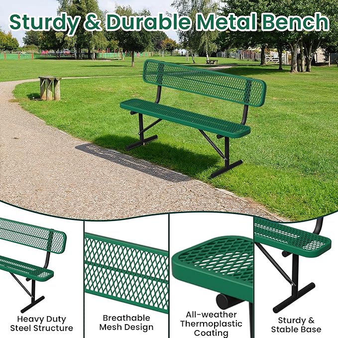 Heavy Duty Park Bench with Back Portable Frame, Outdoor Steel Bench with Backrest, Outdoor Park Bench Expanded Metal Mesh Bench for Lawn, Park, Deck, Garden, Patio, Porch, Black (Green, 6FT)