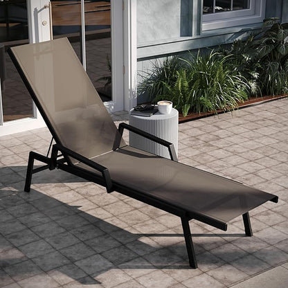 EMMA + OLIVER Braelin Adjustable Patio Chaise Lounge - Brown Textilene Seat - 5 Recline Positions - Metal Frame - All-Weather