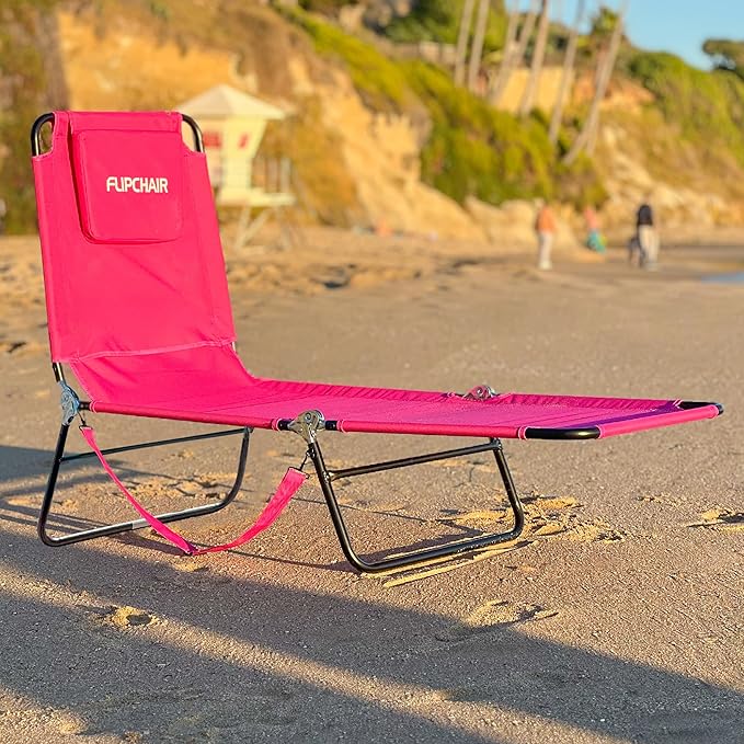 EASYGO PRODUCTS Lawn Chair Chaise Lounge 2 Legs Support Polyester Material Reclining Backrest Head Rest Pillow Great for Beach, Home, Backyard, Outdoor, Patio, Pool, Camping, Lawn or Deck Color Pink