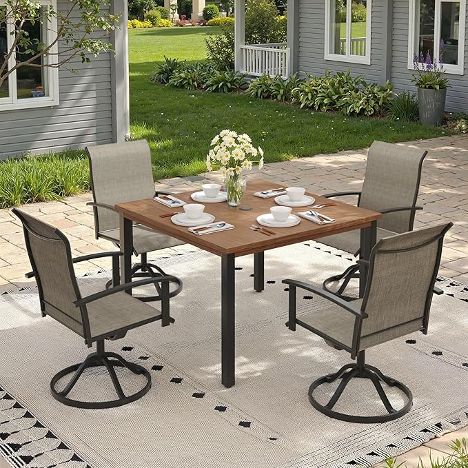 Outdoor Dining Table with Adjustable Umbrella Hole, 40.2" All-Weather Square Patio Dining Table for 4, Metal Patio Table for Garden Lawn Porch Deck Yard, Walnut
