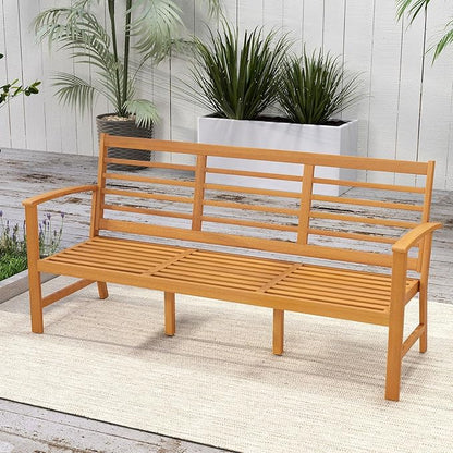RELAX4LIFE 64’’ Outdoor Bench Acacia Wood - 3-Seat Patio Bench w/Slatted Backrest, Armrests & Seat Cushion, Extra Long Front Porch Bench for Park Poolside Yard, 1200LBS Capacity, 3-Person Garden Bench