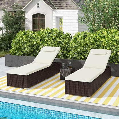 Tangkula Patio Chaise Lounge Set of 2, Outdoor Rattan Lounge Chair with 6-Level Backrest, Comfy Seat Cushion & Headrest, Sturdy Metal Frame, Outside Reclining Chair for Backyard (2, Off White)