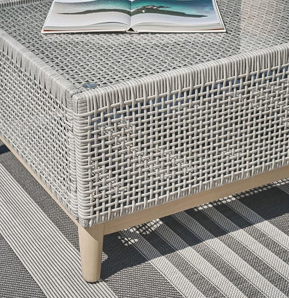 Signature Design by Ashley Seton Creek Casual Resin Wicker Outdoor Coffee Table with Tempered Glass Tabletop, Light Gray & Light Brown