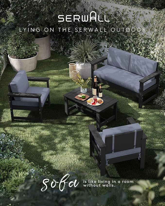 SERWALL 2 Pieces Single Cushioned Lounge Chair, Black HDPE Outdoor Adirondack Sofa Armchair with Grey Cushion - Photo 5