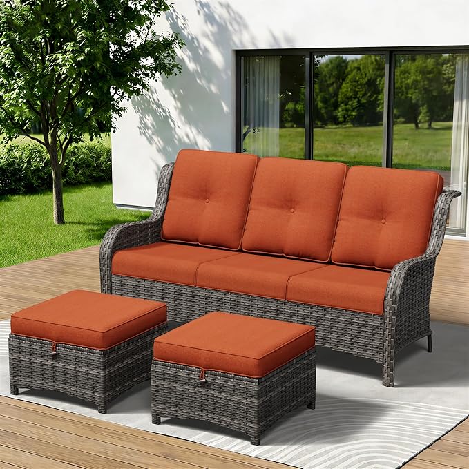 3-Piece Outdoor Couch Set, Include Wicker Patio Sofa with Thickened Olefin Cushions, High Back and Deep Seating, Hand-Woven PE Rattan and 2 Ottomans, Patio Conversation Set for Porch, Deck
