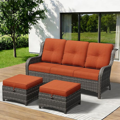 3-Piece Outdoor Couch Set, Include Wicker Patio Sofa with Thickened Olefin Cushions, High Back and Deep Seating, Hand-Woven PE Rattan and 2 Ottomans, Patio Conversation Set for Porch, Deck
