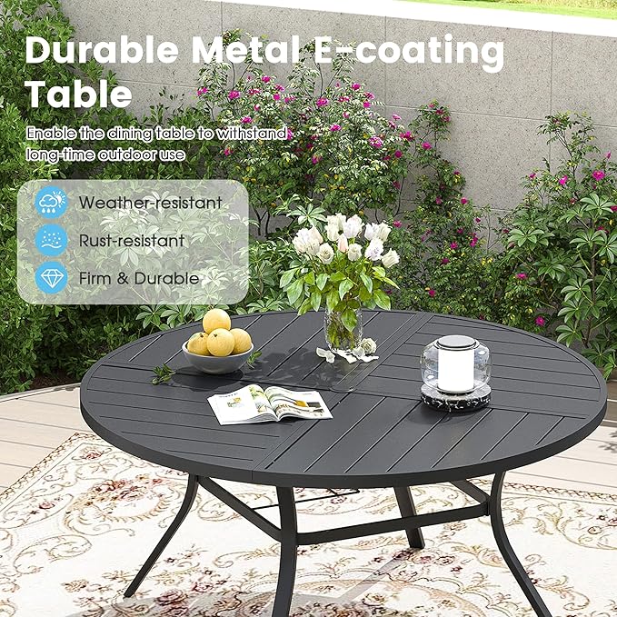 Patio Dining Table for 6-8, Round Metal Outdoor Table with Storage Shelf, 1.57" Umbrella Hole, 53" Outdoor Quartered Tabletop Dining Table for Backyard, Porch, Lawn, Black
