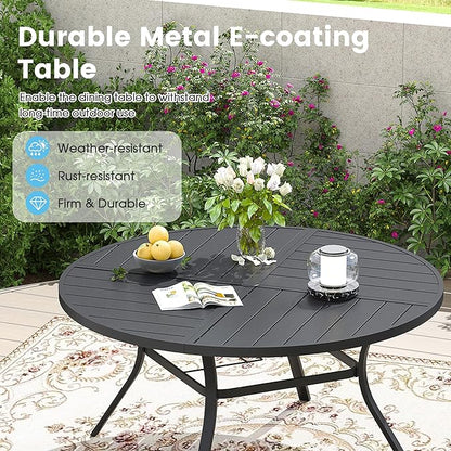 Patio Dining Table for 6-8, Round Metal Outdoor Table with Storage Shelf, 1.57" Umbrella Hole, 53" Outdoor Quartered Tabletop Dining Table for Backyard, Porch, Lawn, Black