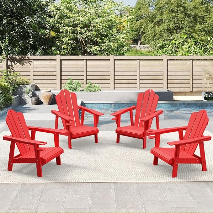 PROHIKER Adirondack Chair Set of 2, HDPE Outdoor Patio Chair with Cup Holder All Weather Outdoor Chairs for Lawn Garden Porch Backyard, Plastic, Red