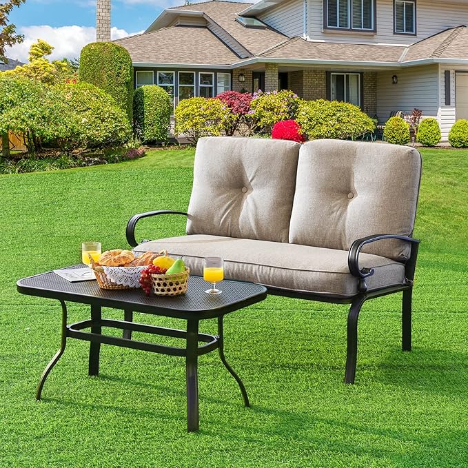 RELAX4LIFE Patio Loveseat with Coffee Table - 2-Piece Patio Conversation Sofa Set w/Backrest & Cushions, Modern Outdoor Glider Bench for Garden, Backyard, Poolside, Metal Porch Furniture (Beige)