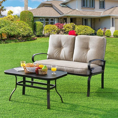 RELAX4LIFE Patio Loveseat with Coffee Table - 2-Piece Patio Conversation Sofa Set w/Backrest & Cushions, Modern Outdoor Glider Bench for Garden, Backyard, Poolside, Metal Porch Furniture (Beige)