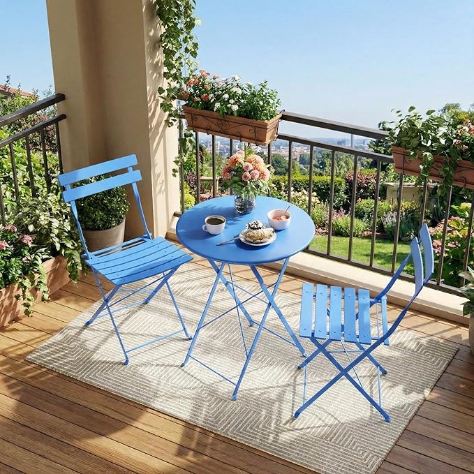 GarveeLife Outdoor Metal Bistro Set, 3-Piece Patio Furniture Set with 2 Chairs and 1 Table, Flat Steel Frame Patio Dining Set for Garden, Balcony, Porch & Backyard,Blue
