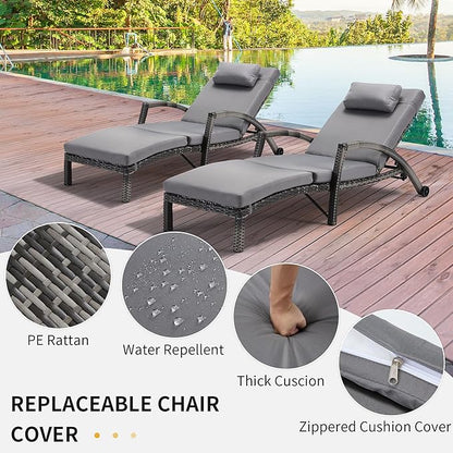 HOMREST Chaise Lounge Chairs Set of 2, PE Rattan Wicker Patio Lounge Chair with Adjustable 5 Position, Arm and Wheels for Poolside Backyard Deck Porch,Grey