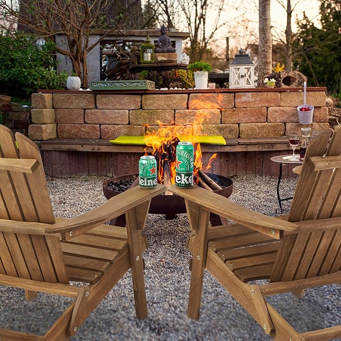 Folding Adirondack Chair Set of 2 Outdoor Wood Patio Chairs with Pre-Assembled Backrest Solid Hemlock Wood Front Porch Chairs for Garden Deck Poolside Fire Pit Light Brown