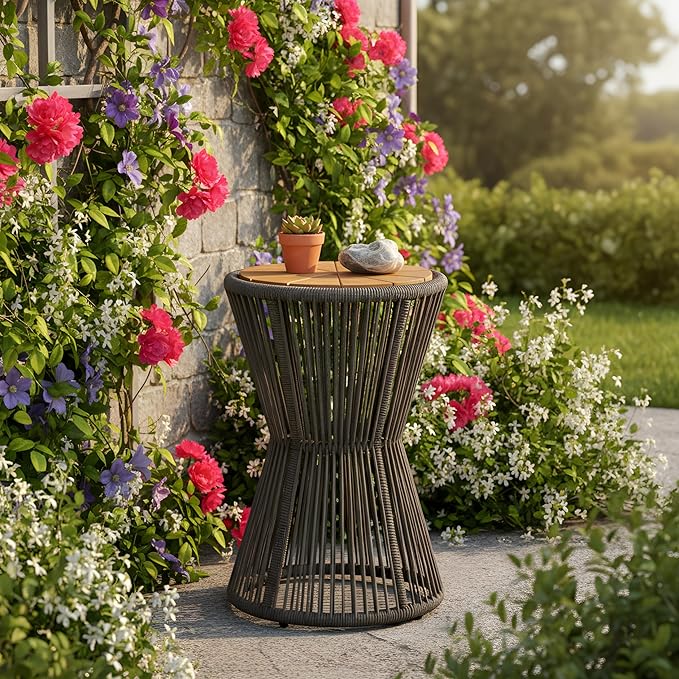 Merax Bohemian Round Outdoor Side Table with Acacia Wood Top and Dark Grey Handwoven Rope Base, Elegant Hourglass Design Patio Coffee Table for Garden, Pool, Balcony, Yard, 25.8" Height, No Assembly