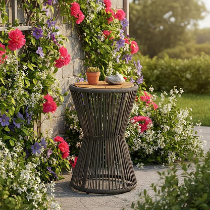 Merax Bohemian Round Outdoor Side Table with Acacia Wood Top and Dark Grey Handwoven Rope Base, Elegant Hourglass Design Patio Coffee Table for Garden, Pool, Balcony, Yard, 25.8" Height, No Assembly