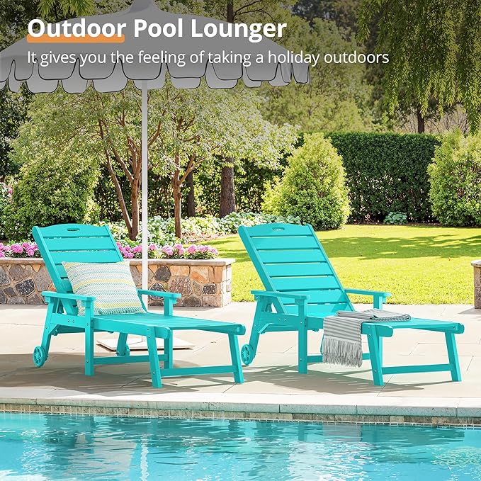 LUE BONA Outdoor Chaise Lounge, HDPS Chaise Lounger, 5 Positions Adjustable Lounge Chairs, Pool Lounge Chair with Wheels for Poolside, Backyard, Aruba Blue