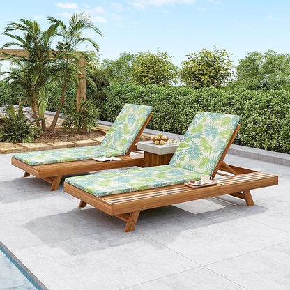 2-Piece Patio Lounge Chair Set with Side Space, Outdoor Chaise Lounge Adjustable & Breathable Acacia Wood Frame, Water-Resistant Cushions(Green Leaf & 2 Inch Thick & Double FOLD)