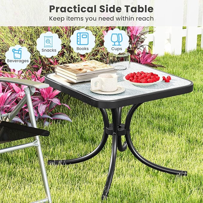Tangkula Outdoor Bistro Table, 20 Inches Patio Side Table with Tempered Glass Tabletop & Steel Frame, Patio Coffee End Table for Backyard, Lawn, Garden (Black)