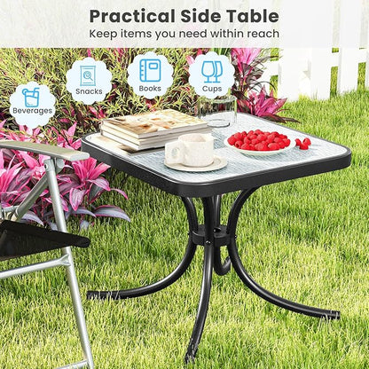 Tangkula Outdoor Side Table, 20 Inches Square End Table with Tempered Glass Top, Metal Frame, Small Patio Table for Garden, Backyard, Balcony, Poolside, Porch (1)