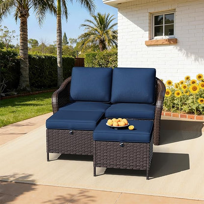 Outdoor Sectional Sofa Set | 55" 2-seat Outdoor Couch with 2 Ottomans, Outside Wicker Furniture with Removable Cushions for Bistro, Deck, Porch, Sunroom (Navy Blue)