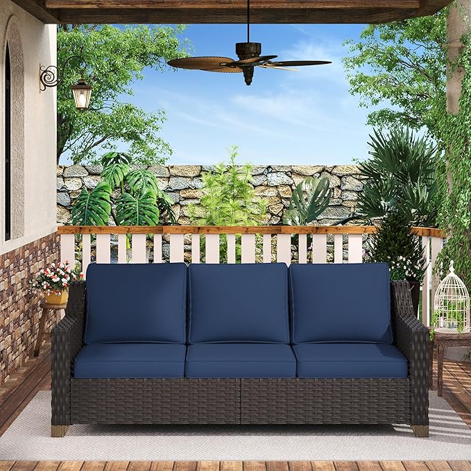 77'' Patio Sofa, All Weather Outdoor Rattan Wicker 3-Seat Sofa High Back Couch with Premium Cushions for Garden - Photo 6