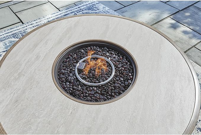 Signature Design by Ashley Rainier Ranch Contemporary Sintered Stone Tabletop Outdoor Fire Pit Table with Pedestal Base, Light Brown & Beige