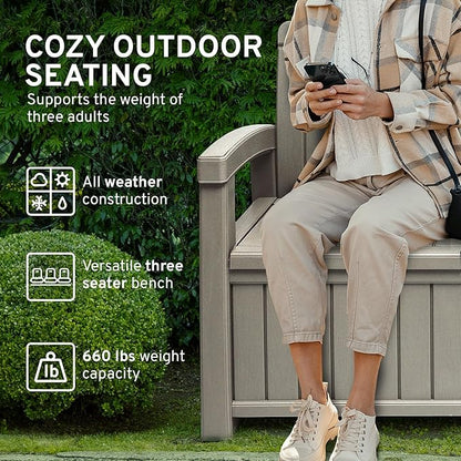 EconoHome 3 Seat Outdoor Storage Bench with Rain Cover - 90 Gallon Capacity - Weatherproof Resin Bench for Patio, Porch, Garden, Yard, Pool Area