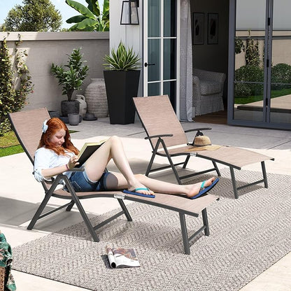 Crestlive Products Chaise Lounge Chair Outdoor Set of 2, Aluminum Folding Patio Recliner Chair, Adjustable 8 Positions Assemble-Free Perfect for Beach, Yard, Pool, Deck