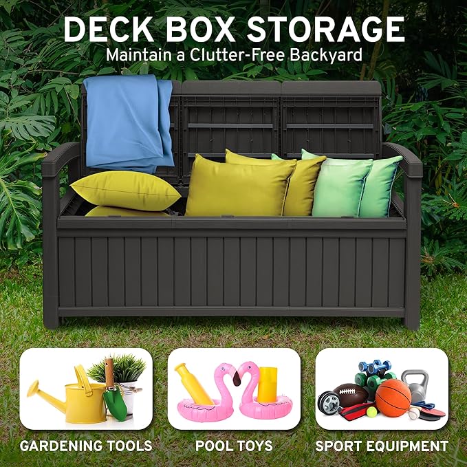 EconoHome 3 Seat Outdoor Storage Bench with Rain Cover - 90 Gallon Capacity - Weatherproof Resin Bench for Patio, Porch - Photo 3