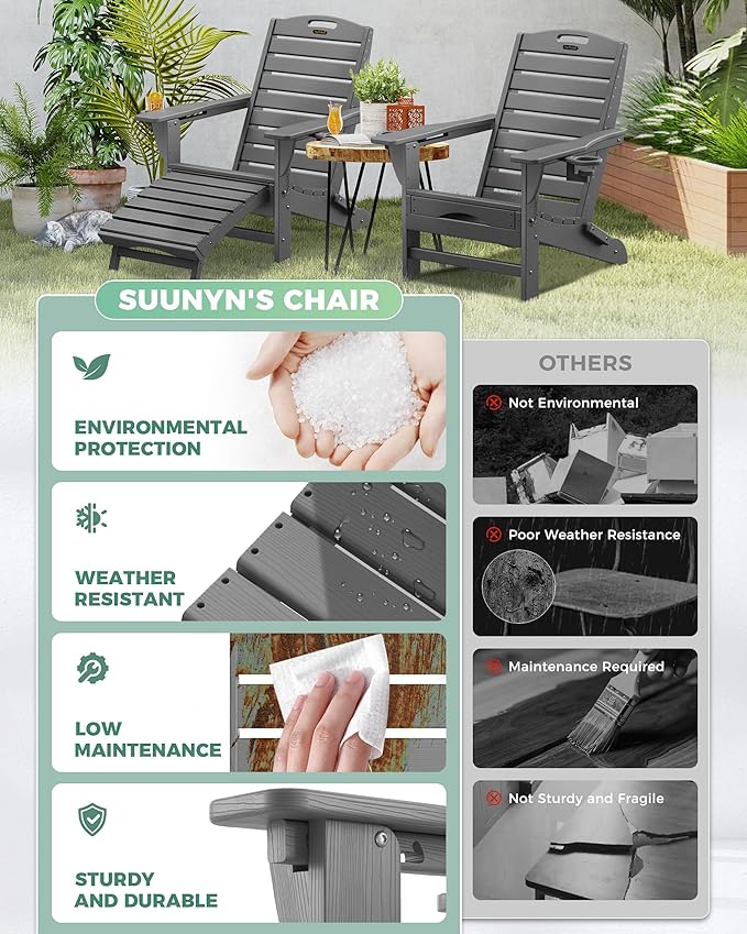 Folding Adirondack Chair with Retractable Ottoman Weather Resistant Fire Pit Chair Patio Chair with 2 Cup Holder Lawn Outdoor Lounge Chair (Grey)