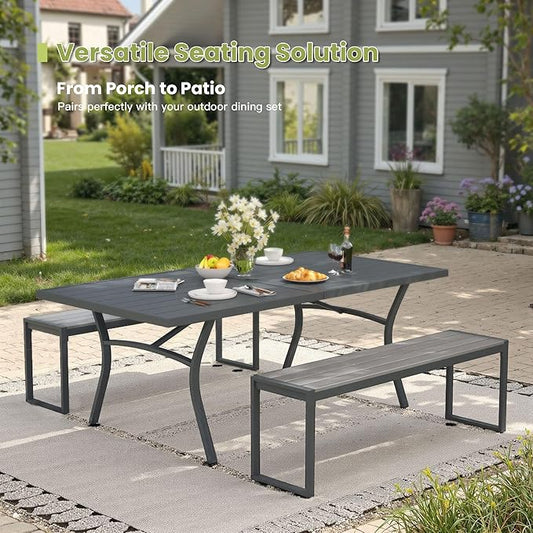 53" Outdoor Bench, 2 Pieces Patio Backless Garden Bench with Metal Frame & Faux Wood Seat for Porch, Entryway, Lawn, Backyard, Grey