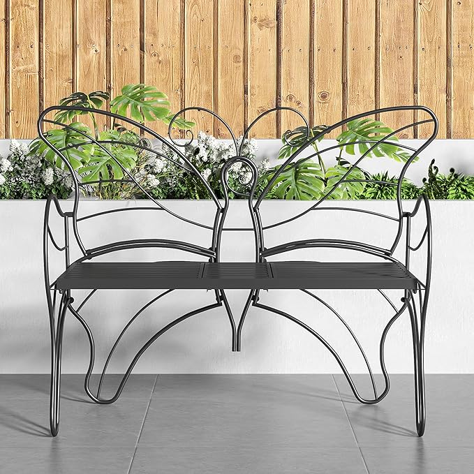 Outdoor Bench Patio Outdoor Garden Bench with Built-in Table, Butterfly Bench for Outside, 3 People Outdoor Bench Garden Bench Front Porch Furniture (Black, 49.2inch)
