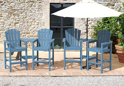 KINGYES Tall Adirondack Chair Set of 4, Embossed Balcony Height Chair with Removable Double Connecting Trays, Tall Poly Adirondack Chair, High Airondack Chair with Wood Grain, Deck, Lawn, Blue