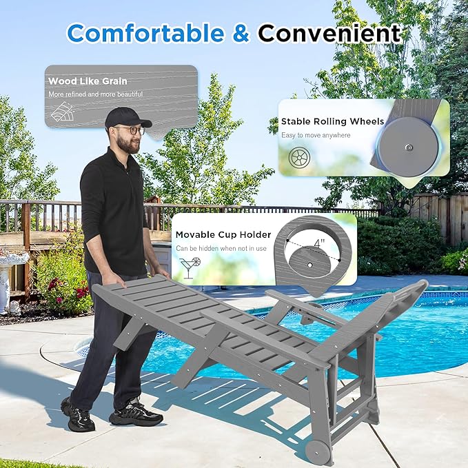 nalone Chaise Lounge Set of 2 Outdoor with 5-Position Adjustable Backrest, HDPE Lounge Chair for Outside Supports Up to 400 LBS, Pool Lounge Chairs for Patio Poolside Deck Beach Backyard (Grey)