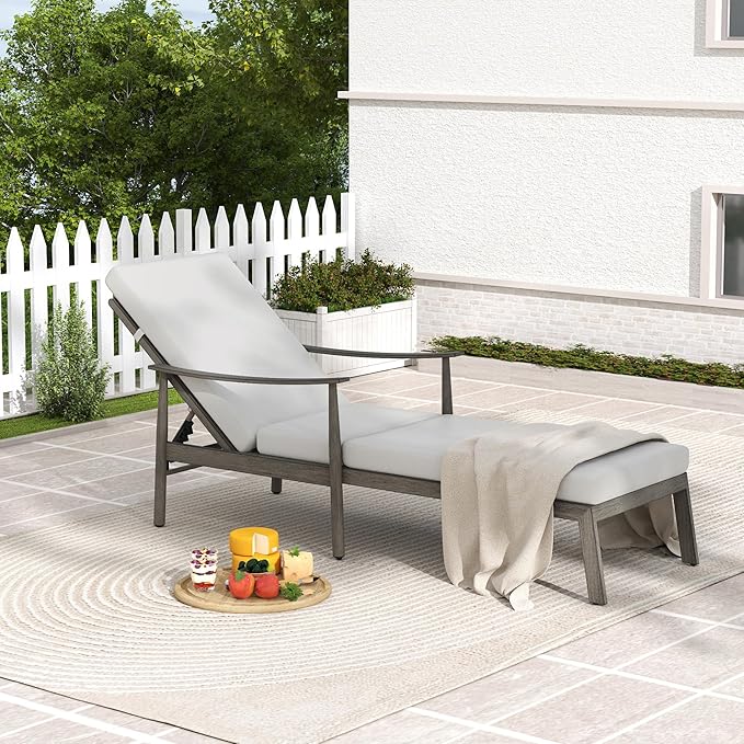 HAPPATIO Outdoor Chaise Lounge - Aluminum Pool Lounge Chair with Adjustable Backrest and Cushion, Curved Armrest, Outdoor Lounge Chair for Beach, Yard, or Poolside (Grey)